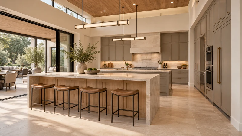 Kitchen design study with island counters beside a broad glazed opening toward an outdoor dining area.