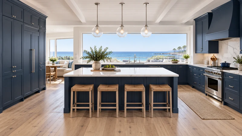 Navy kitchen design study with an island seating edge, rear faucet and cooking cabinets to the right.