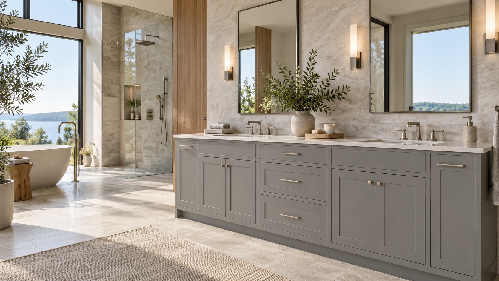 Gray bathroom, complete room view