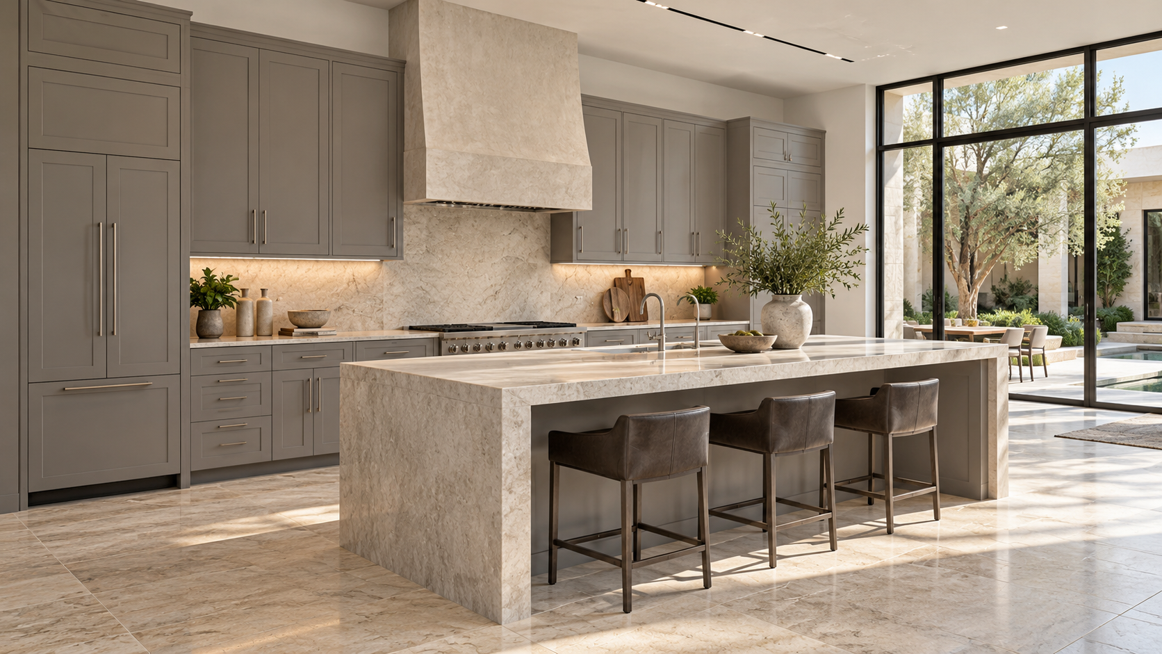 Gray kitchen, complete room view