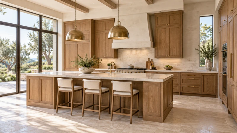 Hình tham khảo thiết kế bếp với hệ tủ cao đóng cánh bên cạnh khu vực nấu và chuẩn bị thực phẩm.