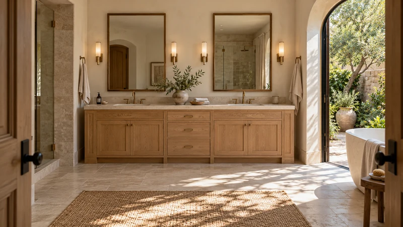Tủ phòng tắm tông nâu vân gỗ, có cụm ngăn kéo ở giữa các khoang chậu có cửa.