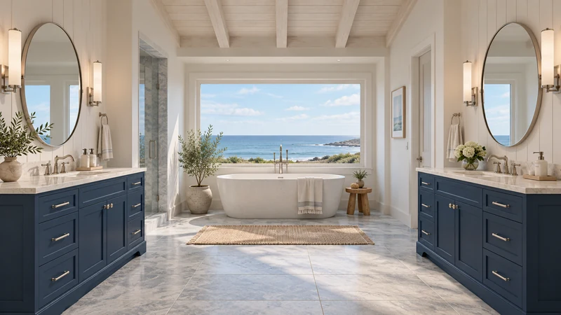Các tủ lavabo màu xanh navy và khoảng sàn thoáng quanh bồn tắm ở giữa.