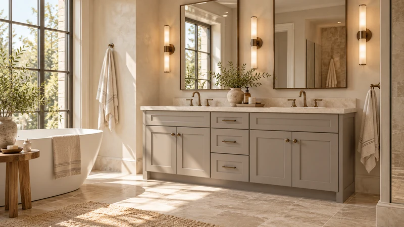 중앙에는 서랍, 양옆에는 여닫이문이 있고 상판이 장 앞쪽으로 돌출된 회색 세면대 하부장.