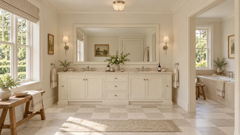 Tủ lavabo đôi màu kem, có bình xà phòng trên mặt bàn màu sáng và khăn ở gần.